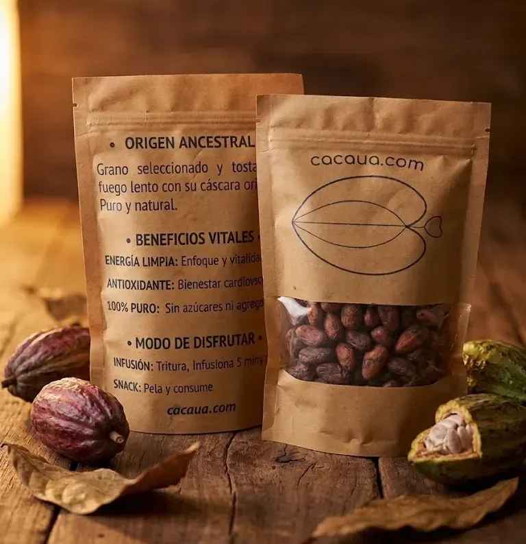 Bolsas de Cacaua con grano de cacao tostado sobre madera rústica, rodeadas de mazorcas frescas.